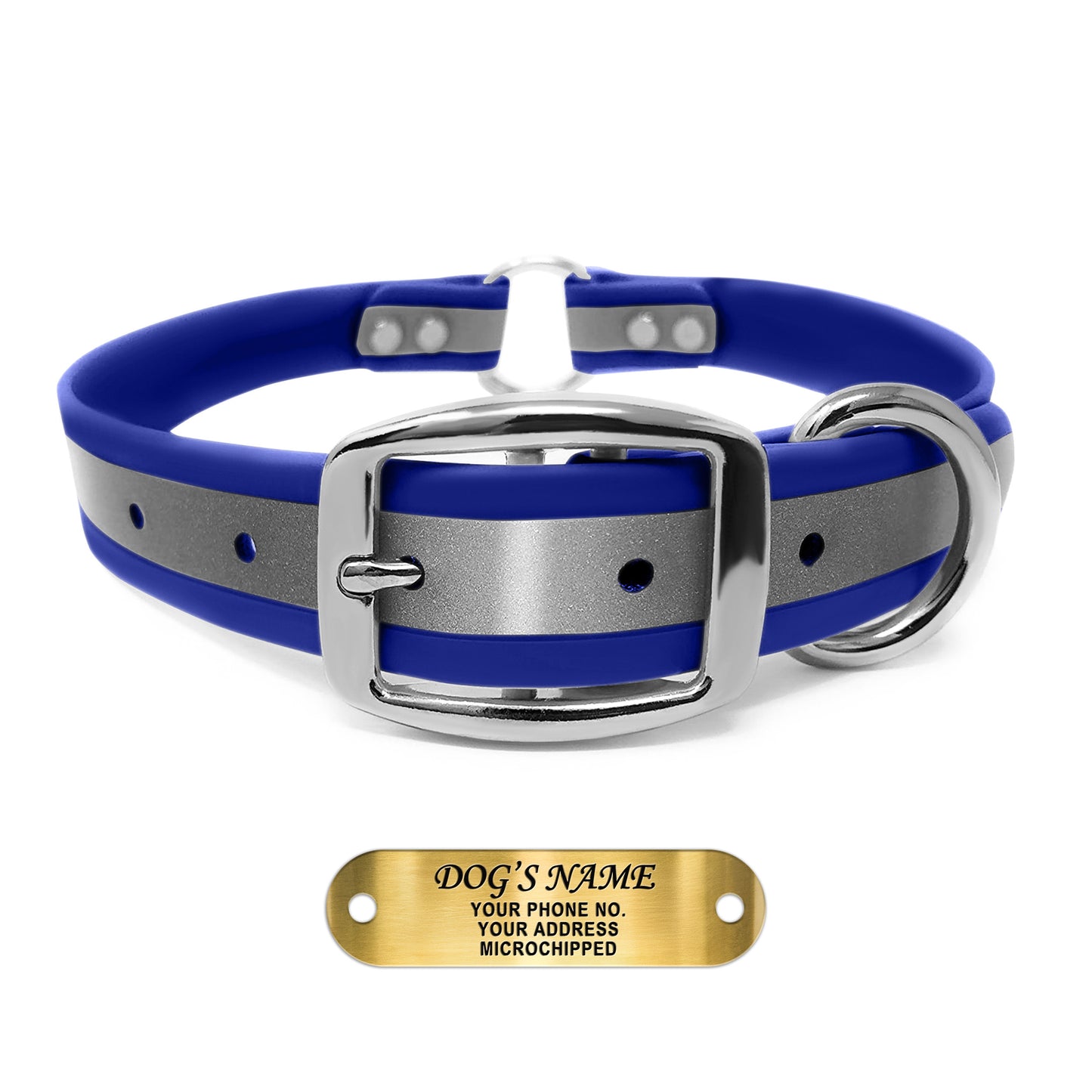 Regal Dog Products Reflective Dog Collar with Custom Engraved Name Plate and Heavy Duty Center Ring