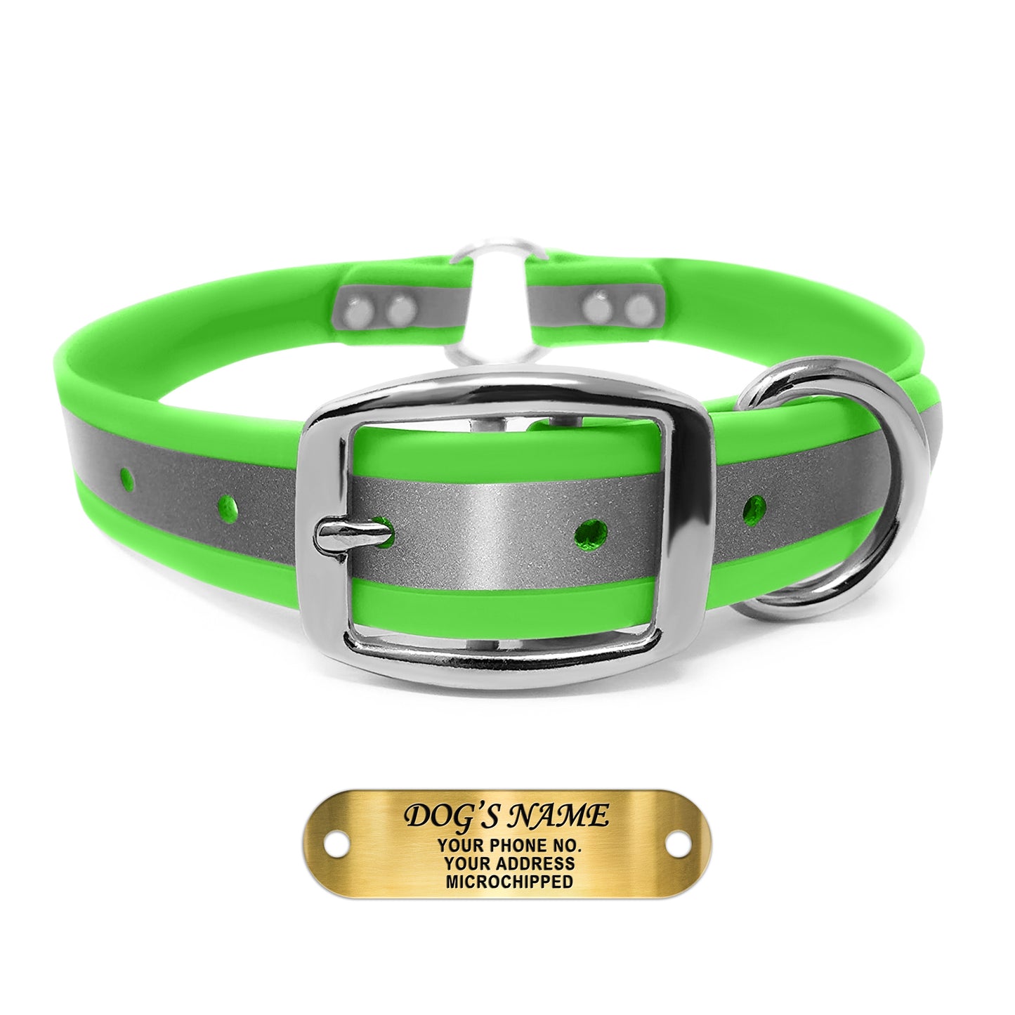 Regal Dog Products Reflective Dog Collar with Custom Engraved Name Plate and Heavy Duty Center Ring