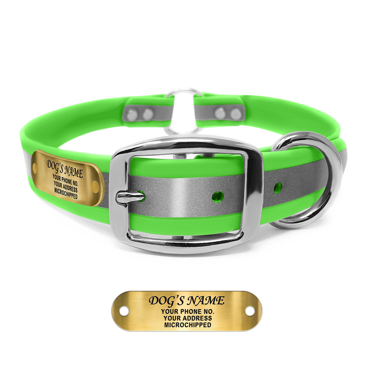 Regal Dog Products Reflective Dog Collar with Custom Engraved Name Plate and Heavy Duty Center Ring