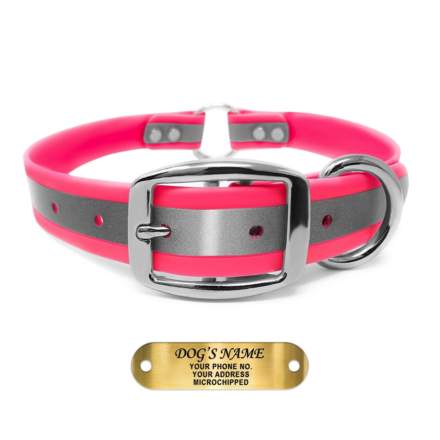 Regal Dog Products Reflective Dog Collar with Custom Engraved Name Plate and Heavy Duty Center Ring