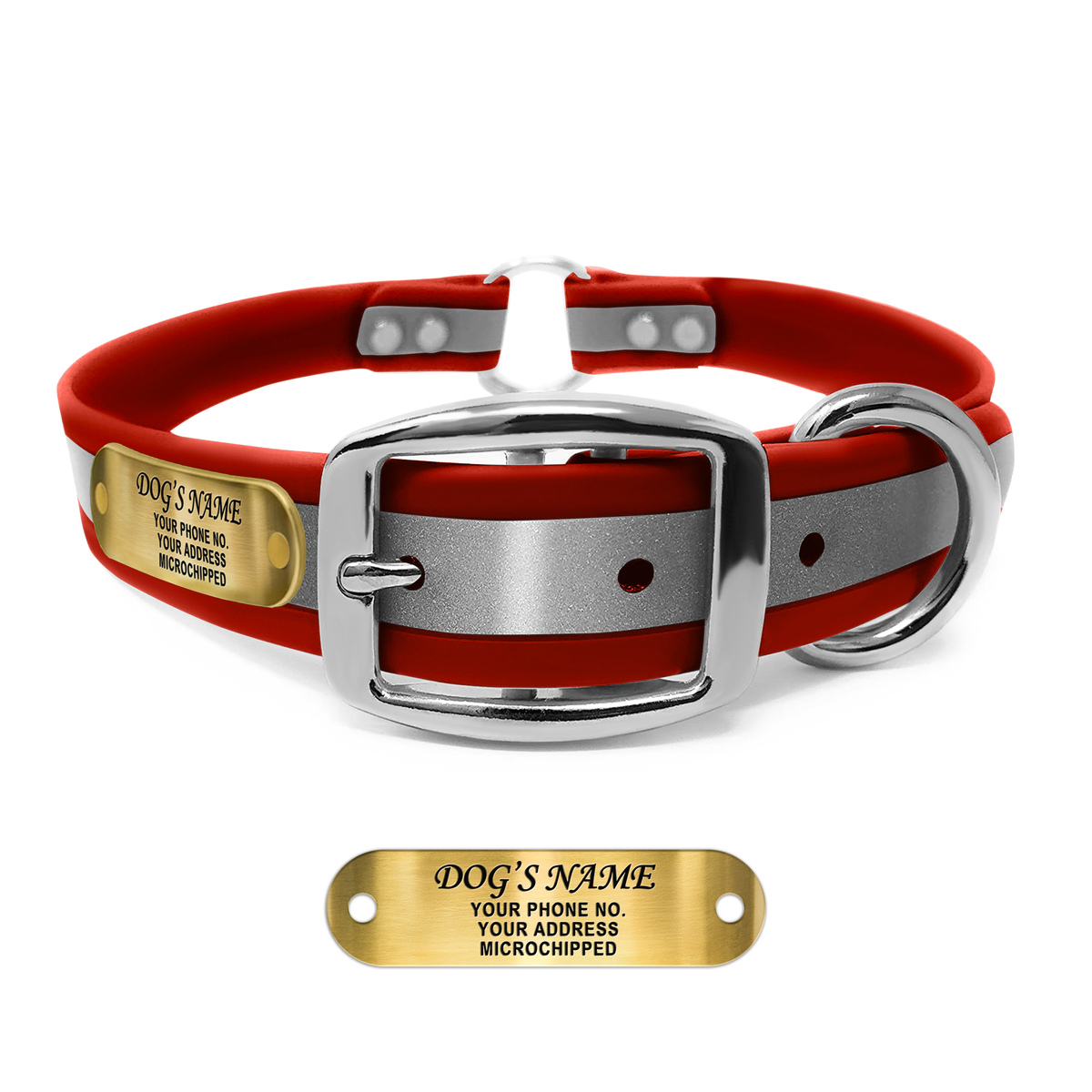 Regal Dog Products Reflective Dog Collar with Custom Engraved Name Plate and Heavy Duty Center Ring