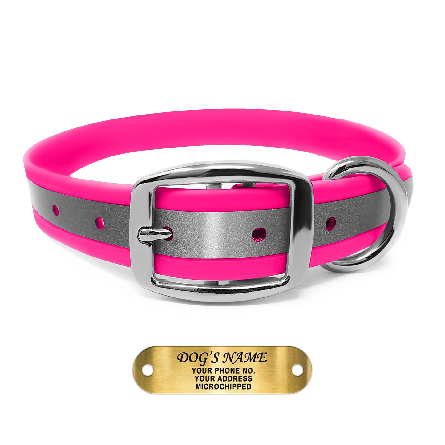 Regal Dog Products Reflective Dog Collar with Custom Engraved Name Plate with D Ring & Double Buckle