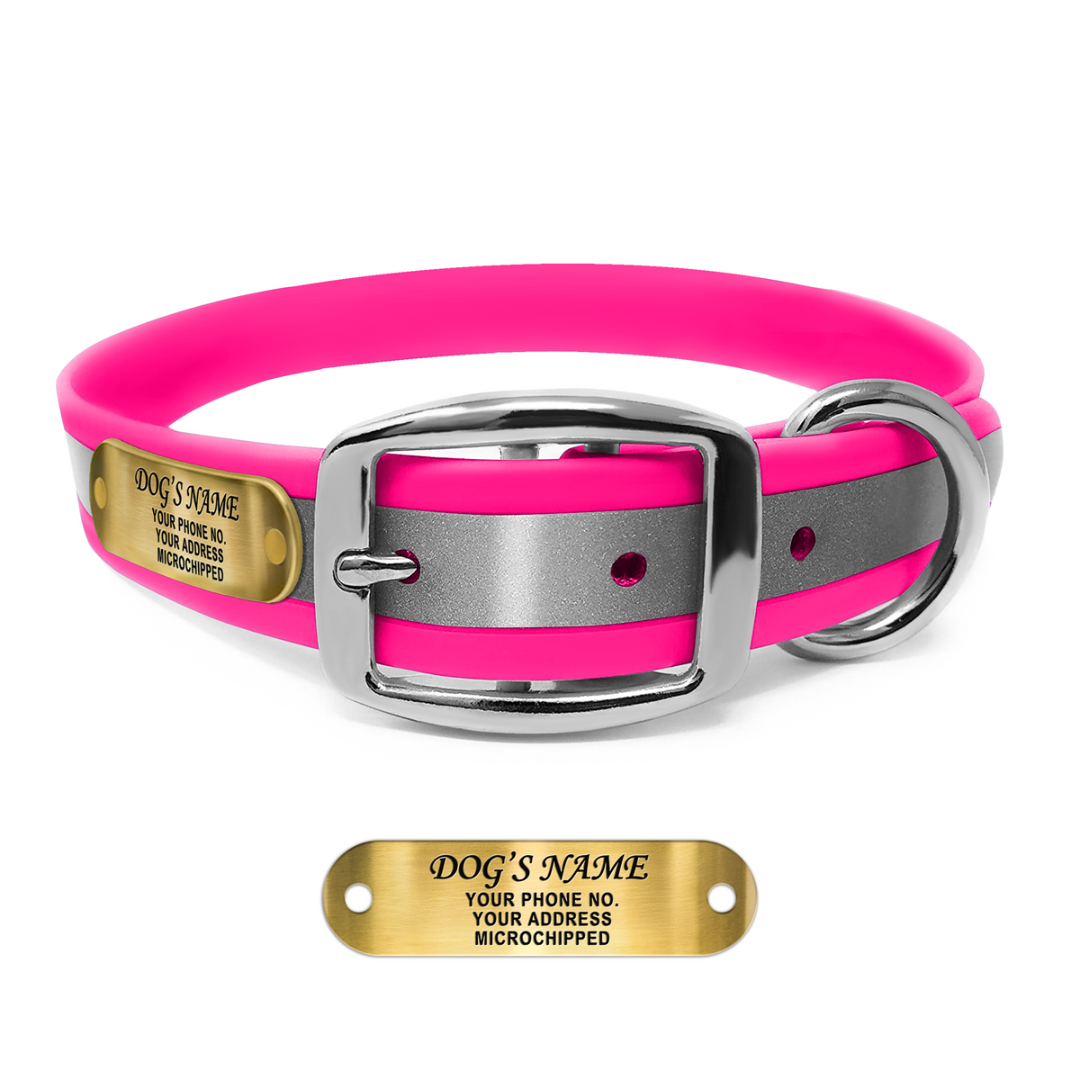 Regal Dog Products Reflective Dog Collar with Custom Engraved Name Plate with D Ring & Double Buckle