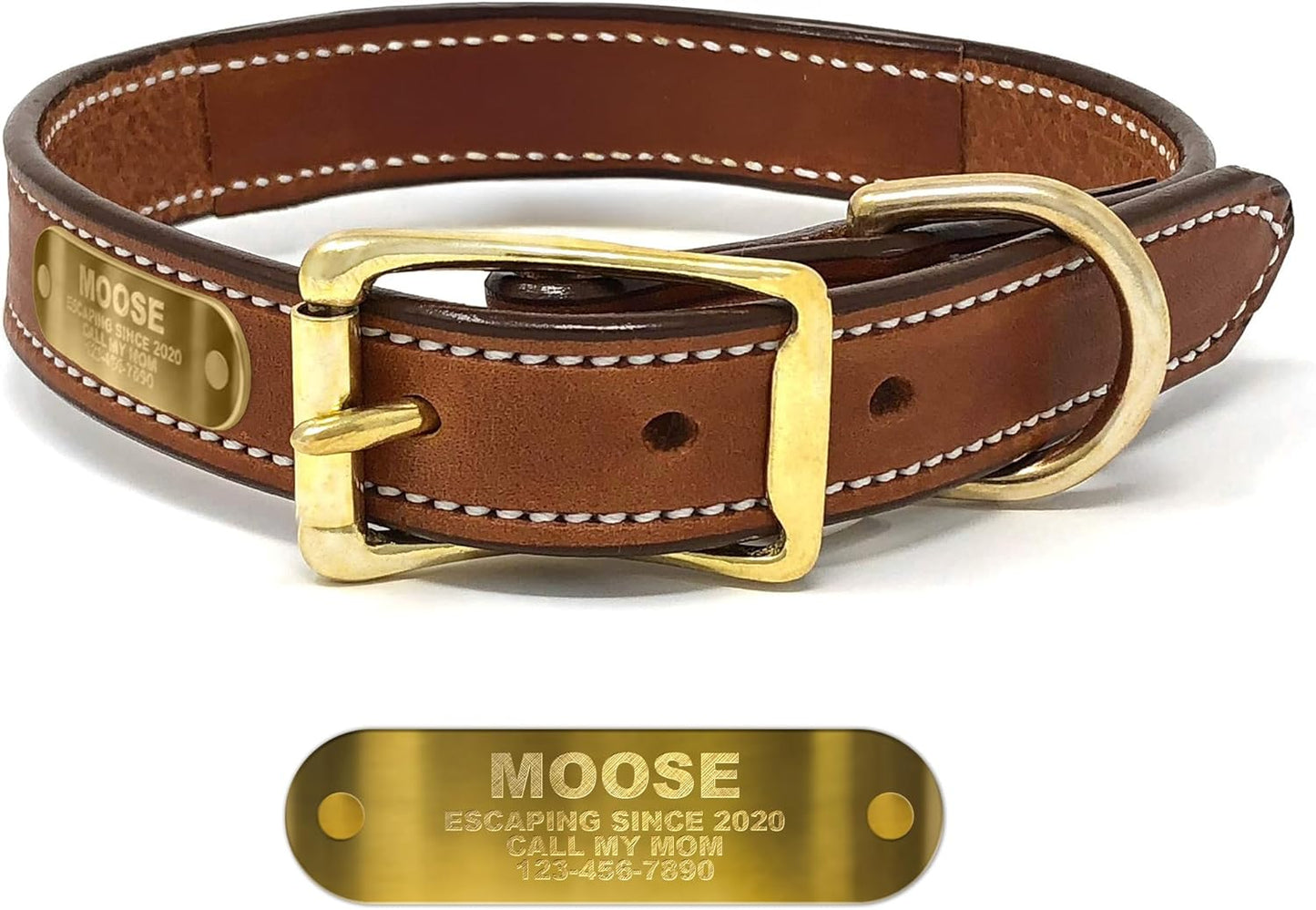Regal Dog Products Genuine Leather Dog Collar with Personalized Engraved Nameplate with Brass Hardware