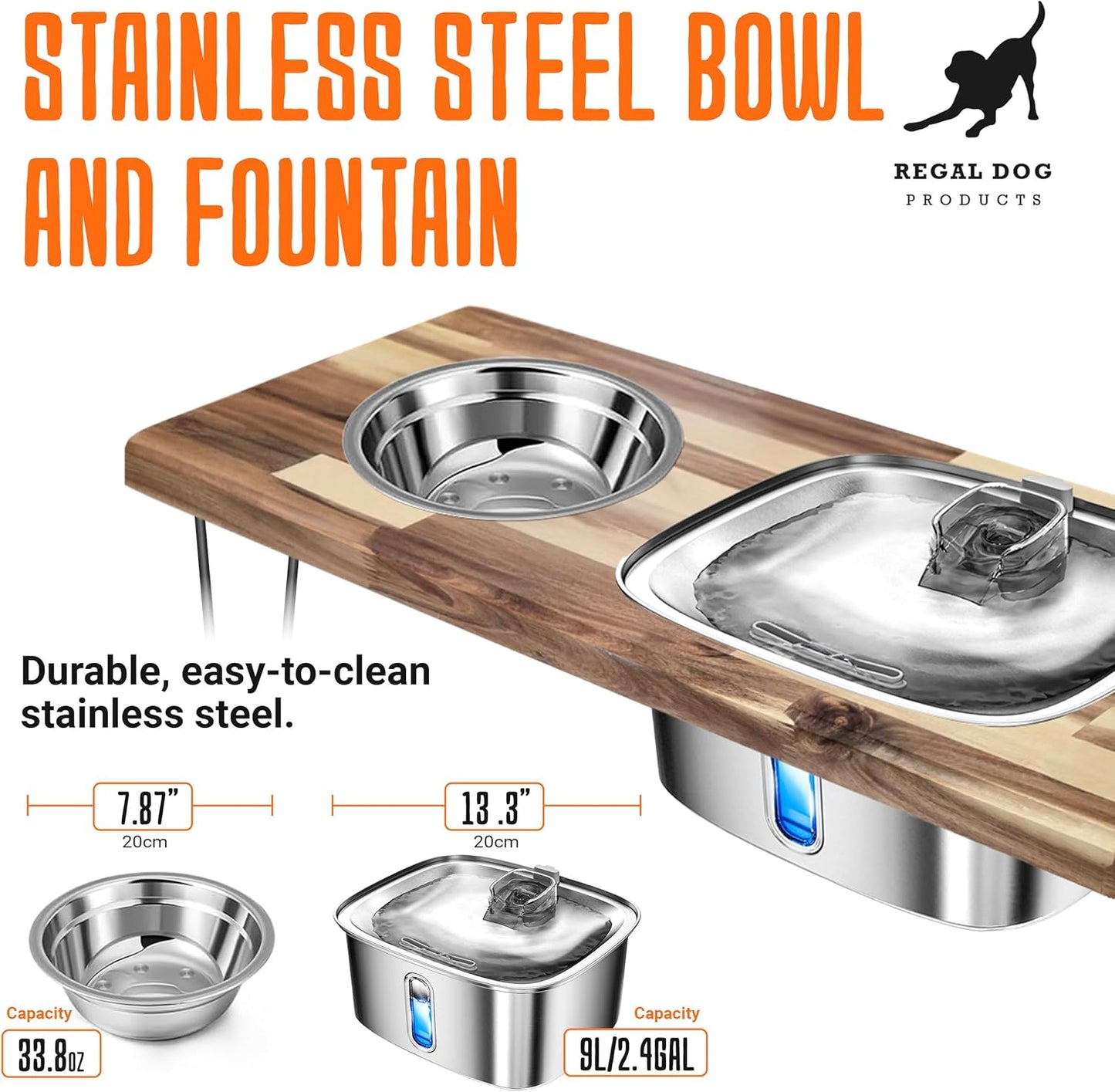 Elevated Dog Feeding Station with 9L Stainless Steel Water Fountain & 33oz Bowl