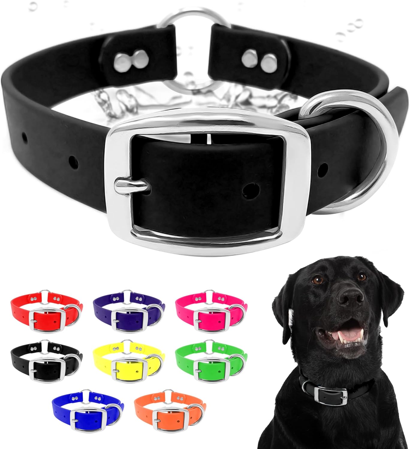 Waterproof Dog Collar with Heavy Duty Center Ring - Custom Fit Vinyl-Coated Webbing Water Resistant with Double Buckle and D Ring