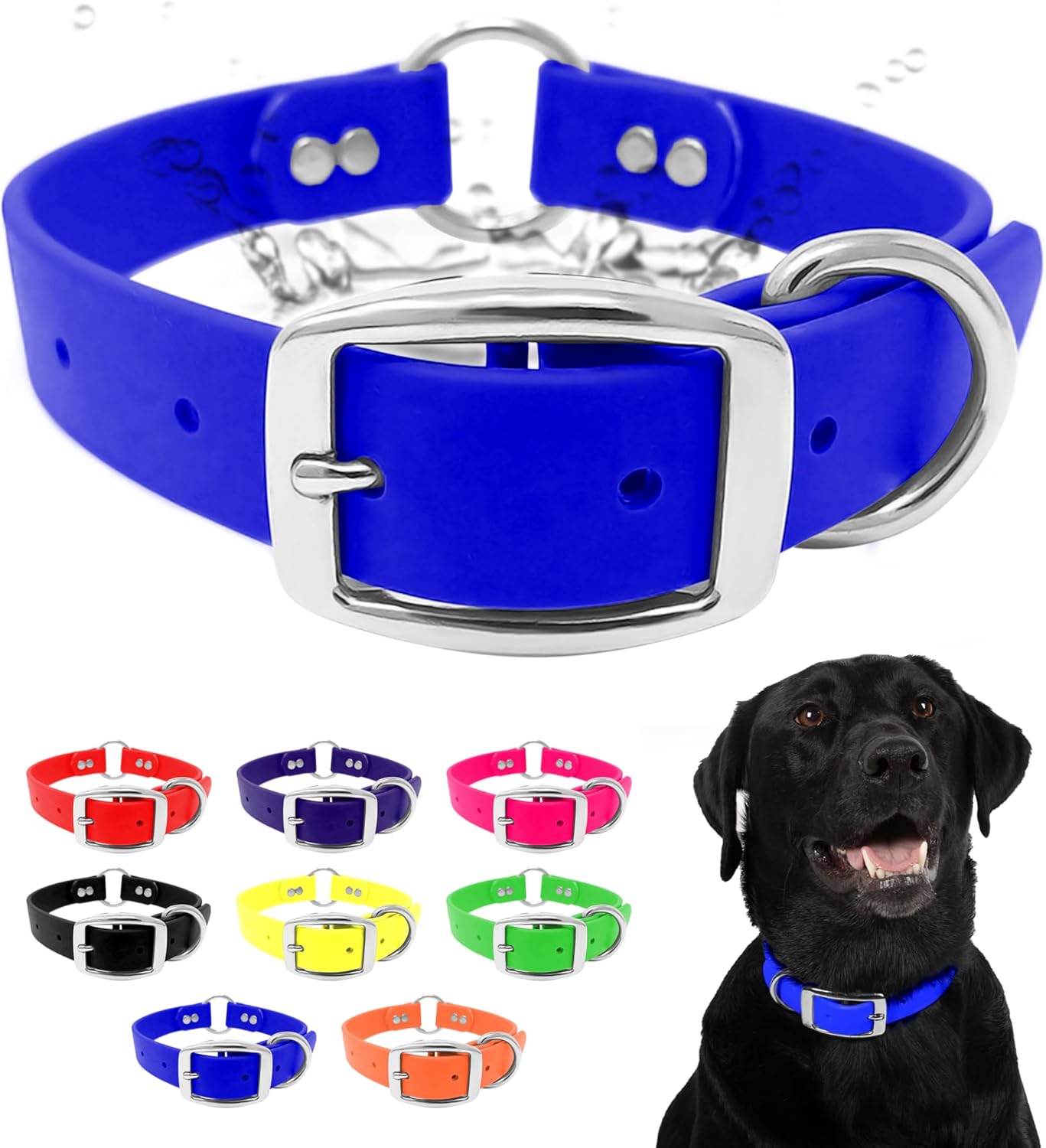 Waterproof Dog Collar with Heavy Duty Center Ring - Custom Fit Vinyl-Coated Webbing Water Resistant with Double Buckle and D Ring