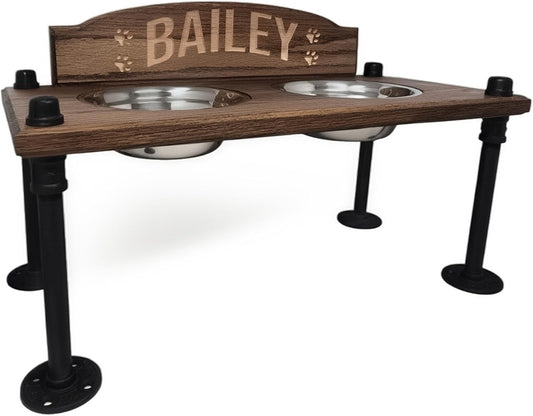 Elevated Dog Bowl Stand with Stainless Steel Bowls | Raised Dog Feeder with Oak Wood & Industrial Pipe Legs | Waterproof Finish (2 Styles: No Backsplash/Custom Backsplash)