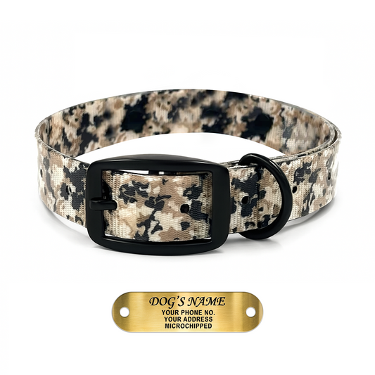 Regal Dog Products Camo Hunting Dog Collar - With Custom Engraved Name Plate & Black Hardware