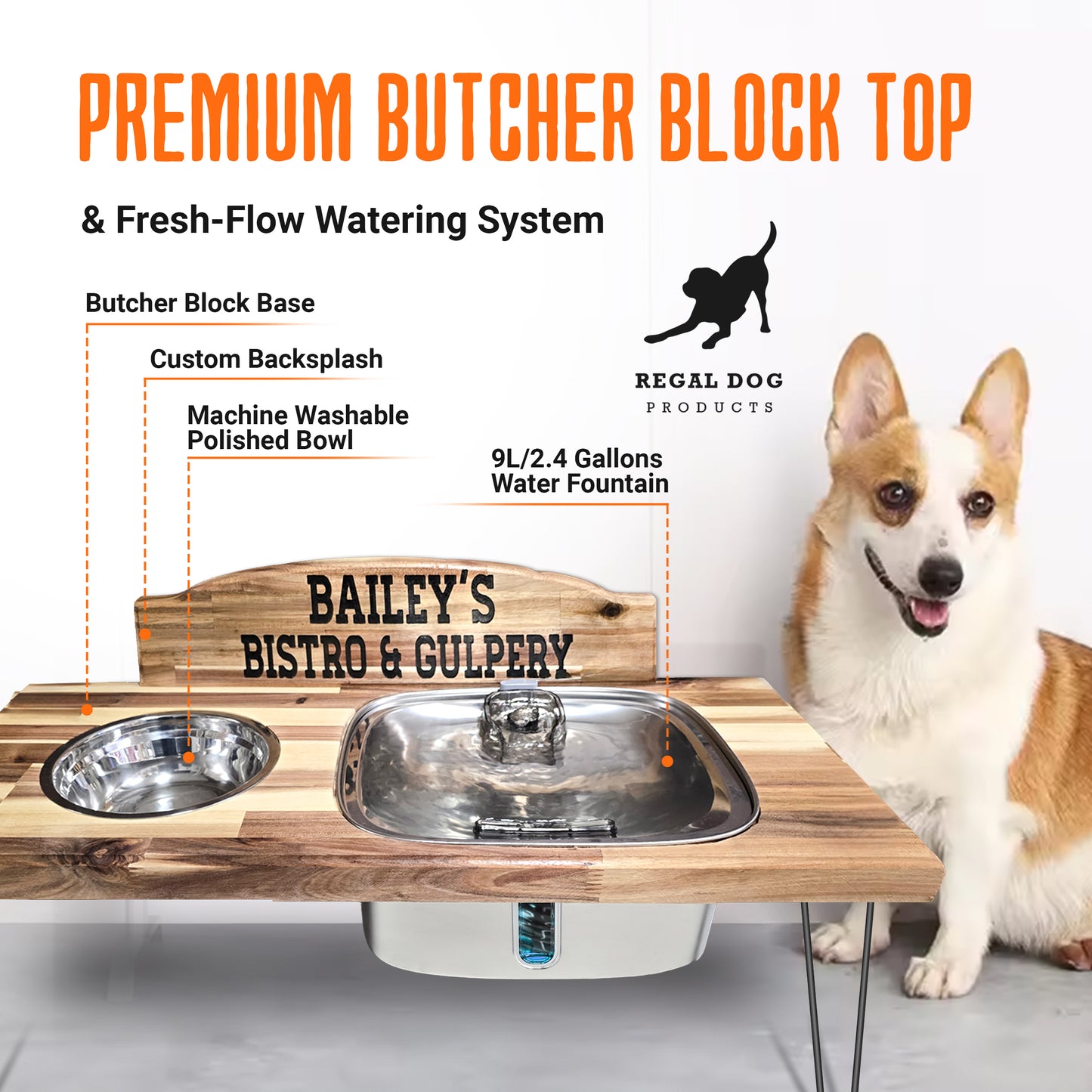 Luxury Custom Engraved Dog Feeding Station with 9L Stainless Steel Water Fountain, 33oz Bowl, 1.5” Butcher Block Top, 16” Hairpin Legs