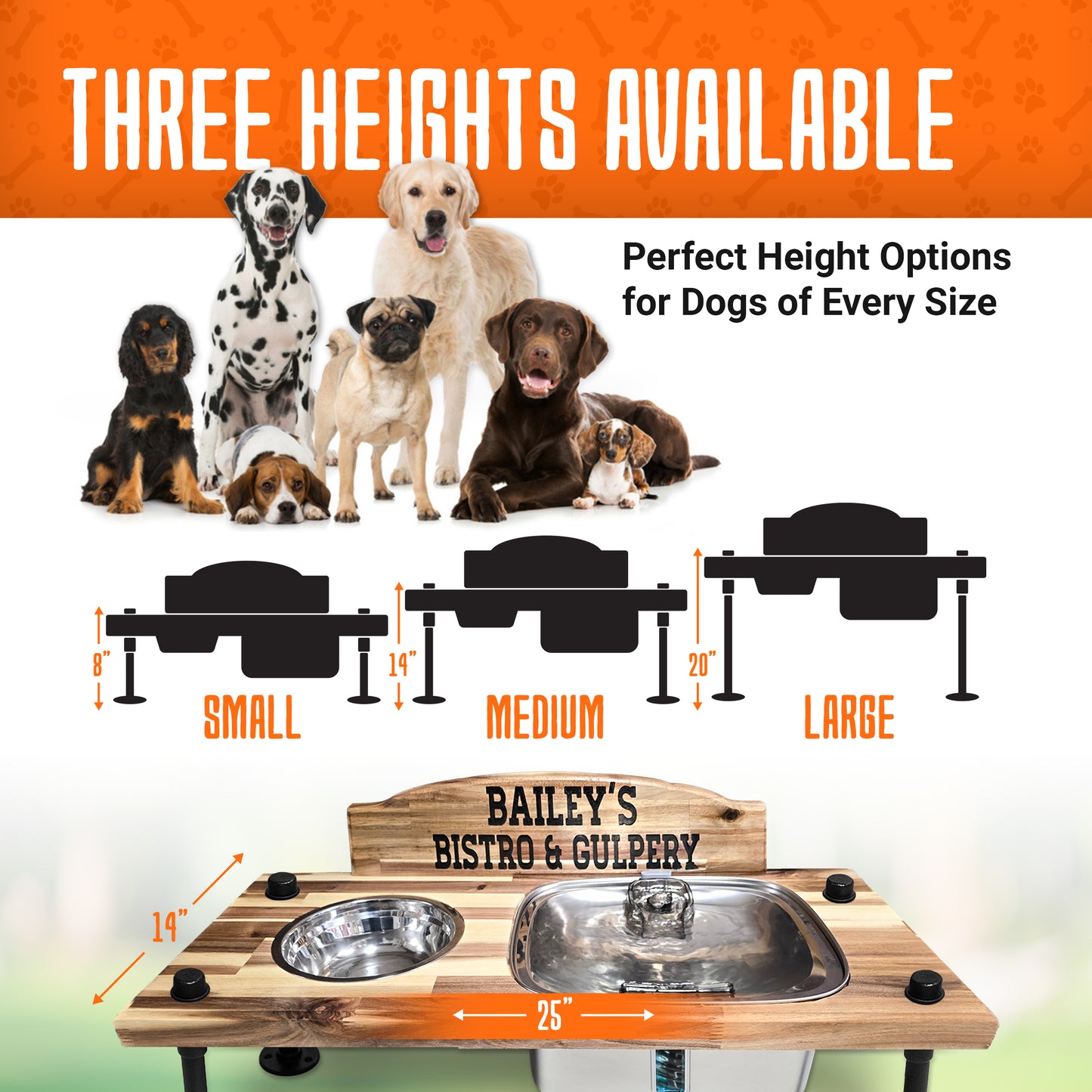 Luxury Custom Engraved Dog Feeding Station with 9L Stainless Steel Water Fountain, 33oz Bowl, 1.5” Butcher Block Top, 16” Hairpin Legs