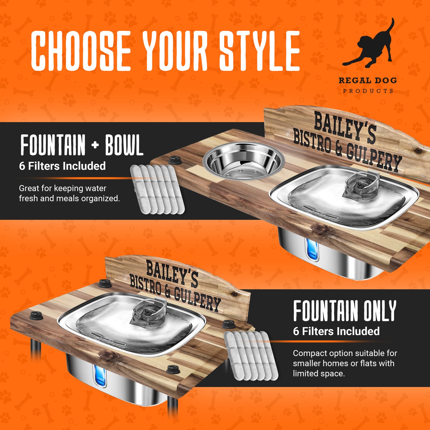 Luxury Custom Engraved Dog Feeding Station with 9L Stainless Steel Water Fountain, 33oz Bowl, 1.5” Butcher Block Top, 16” Hairpin Legs