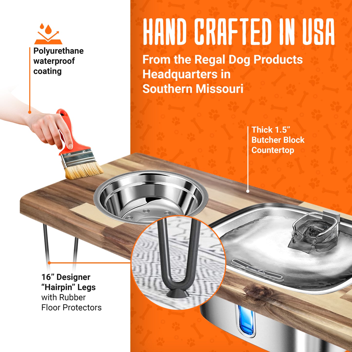 Luxury Custom Engraved Dog Feeding Station with 9L Stainless Steel Water Fountain, 33oz Bowl, 1.5” Butcher Block Top, 16” Hairpin Legs