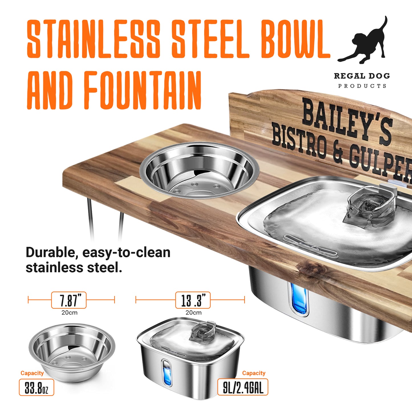 Luxury Custom Engraved Dog Feeding Station with 9L Stainless Steel Water Fountain, 33oz Bowl, 1.5” Butcher Block Top, 16” Hairpin Legs