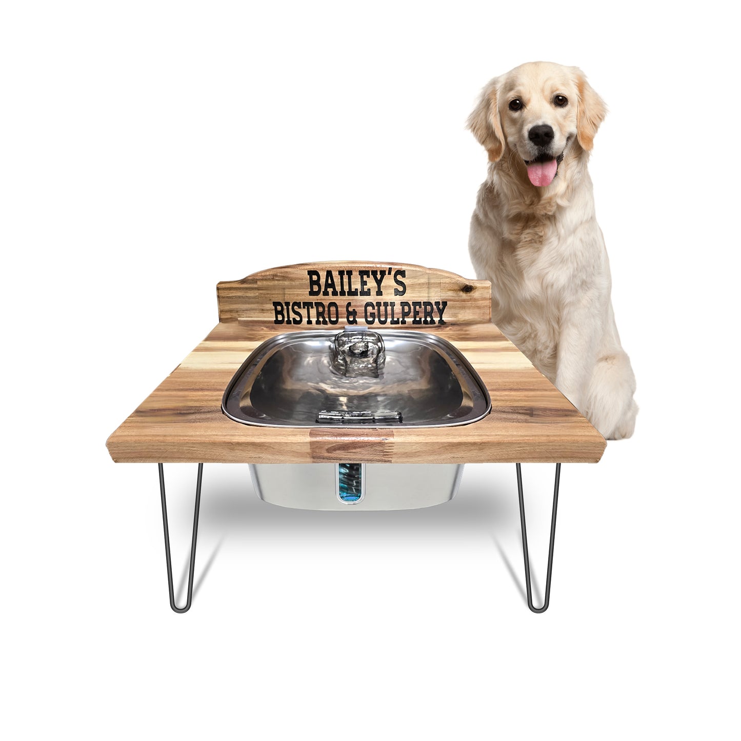 Luxury Custom Engraved Dog Feeding Station with 9L Stainless Steel Water Fountain, 33oz Bowl, 1.5” Butcher Block Top, 16” Hairpin Legs