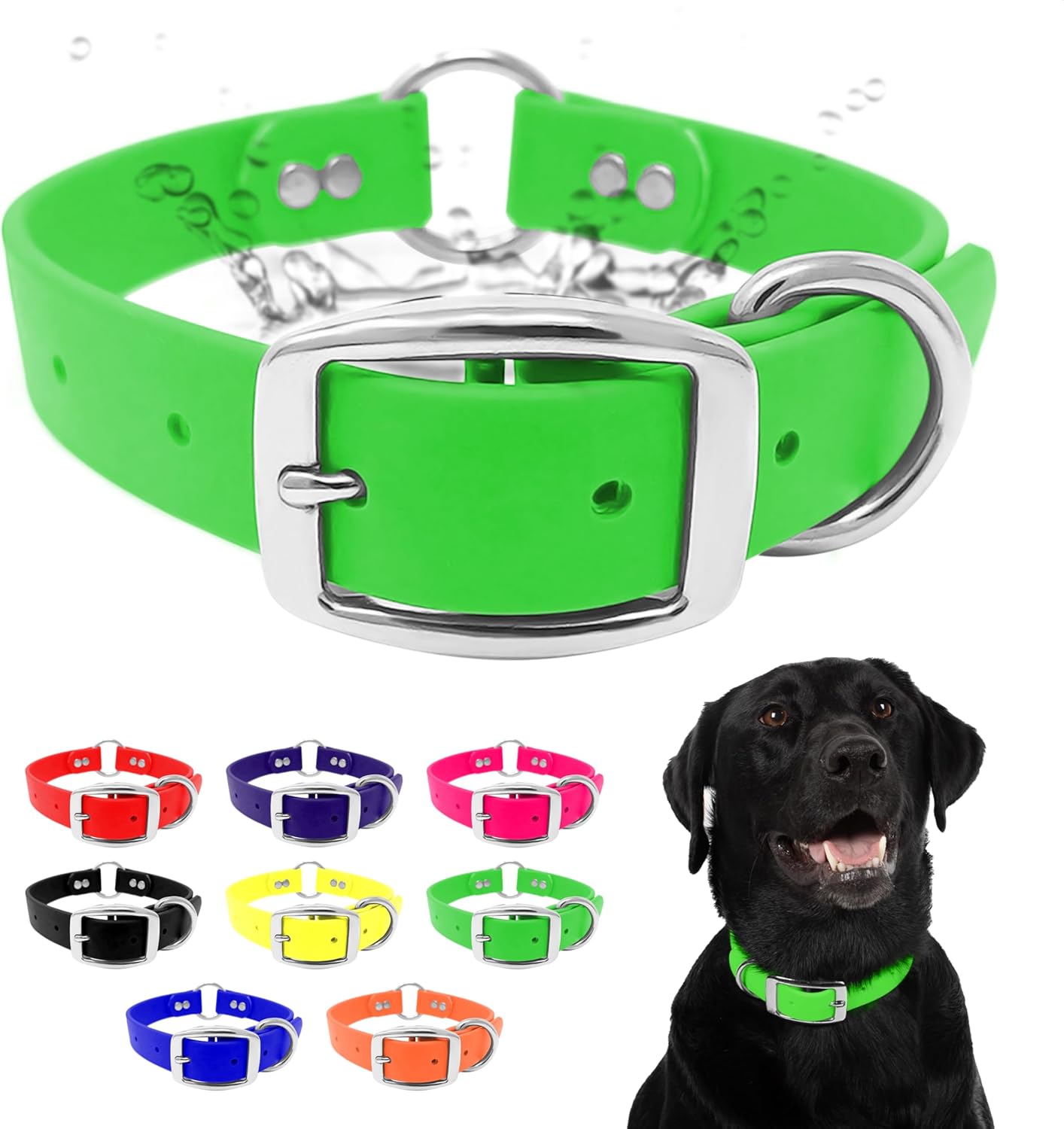 Waterproof Dog Collar with Heavy Duty Center Ring - Custom Fit Vinyl-Coated Webbing Water Resistant with Double Buckle and D Ring