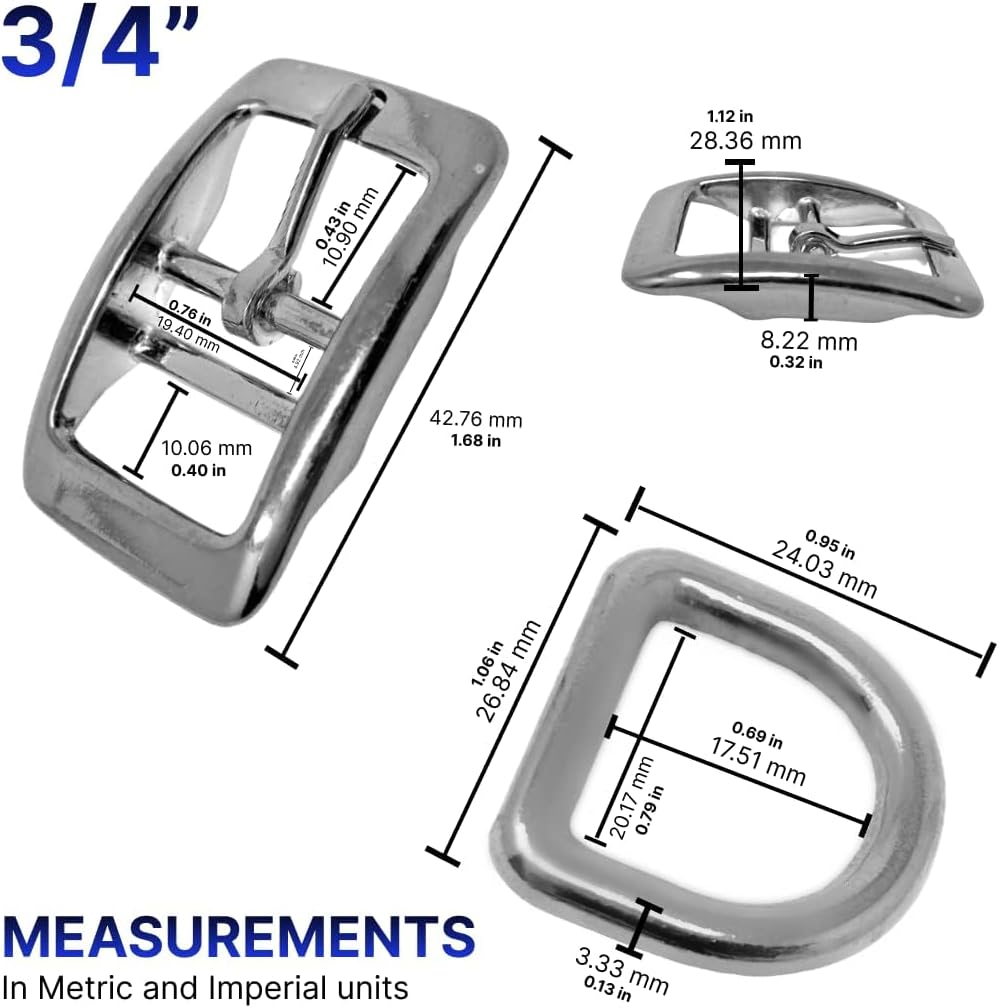 Regal Dog Products Double Bar Buckle & Matching D-Ring Set – 3/4" & 1" – Gold, Nickel & Black