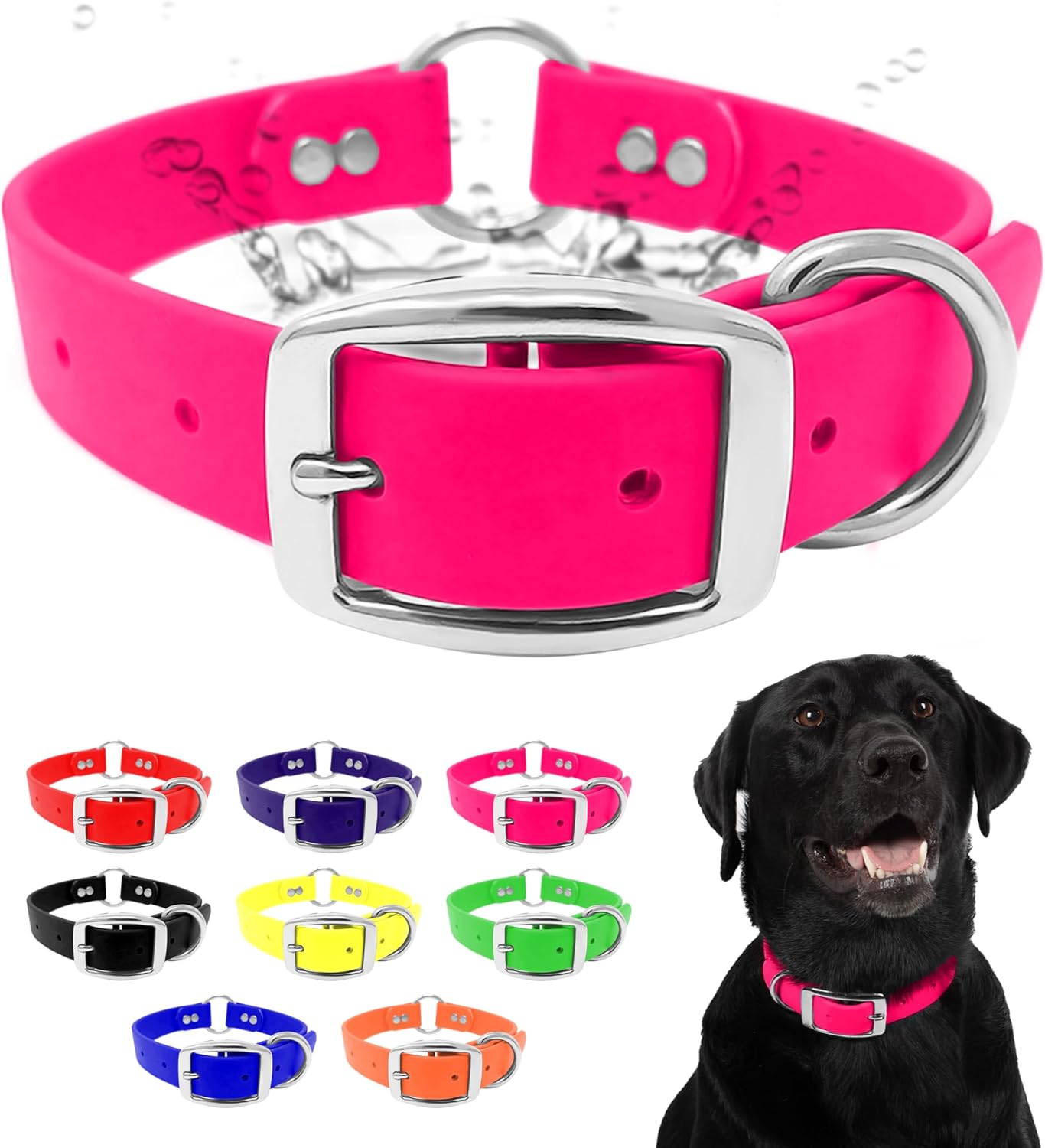 Waterproof Dog Collar with Heavy Duty Center Ring - Custom Fit Vinyl-Coated Webbing Water Resistant with Double Buckle and D Ring
