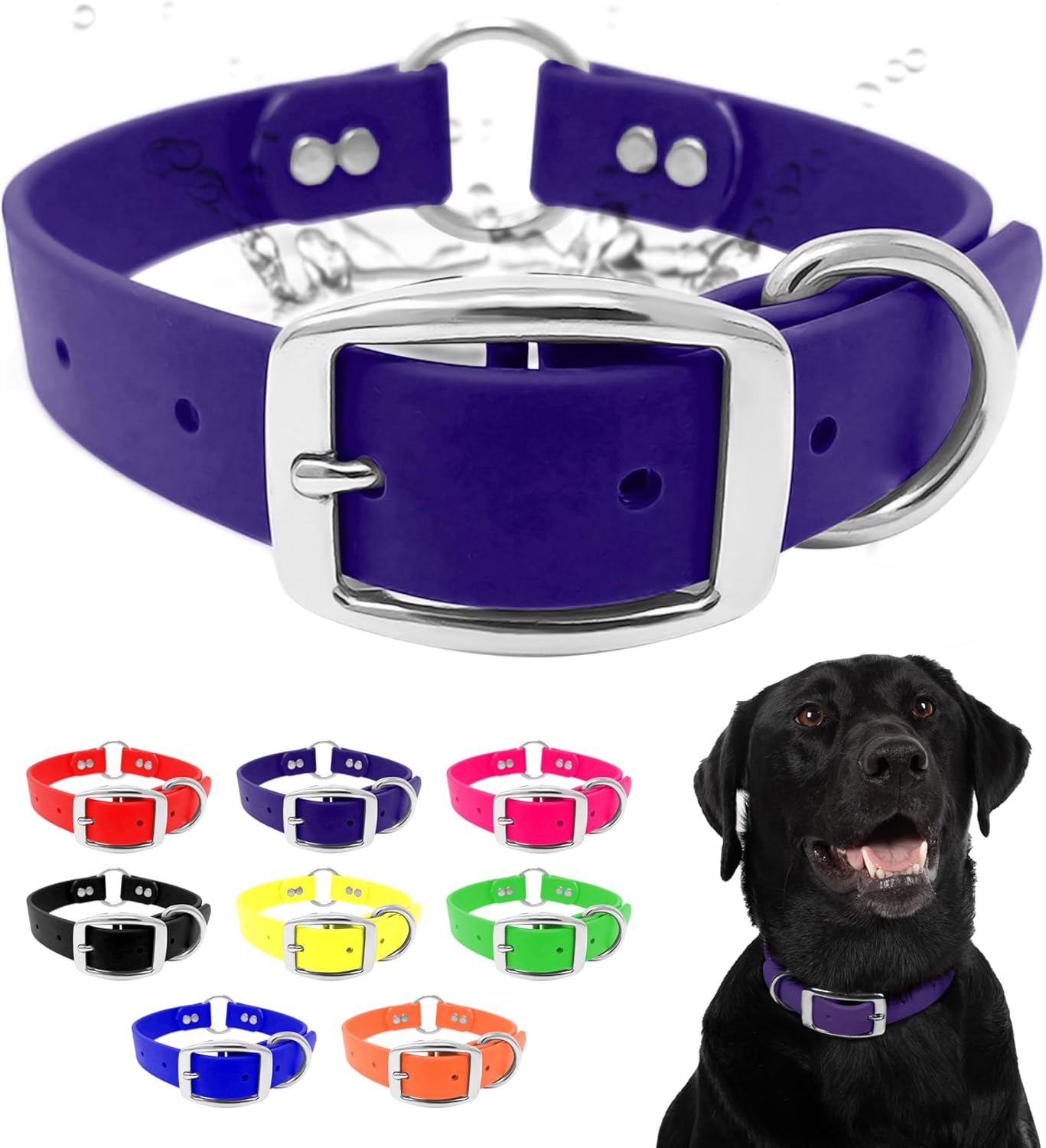 Waterproof Dog Collar with Heavy Duty Center Ring - Custom Fit Vinyl-Coated Webbing Water Resistant with Double Buckle and D Ring