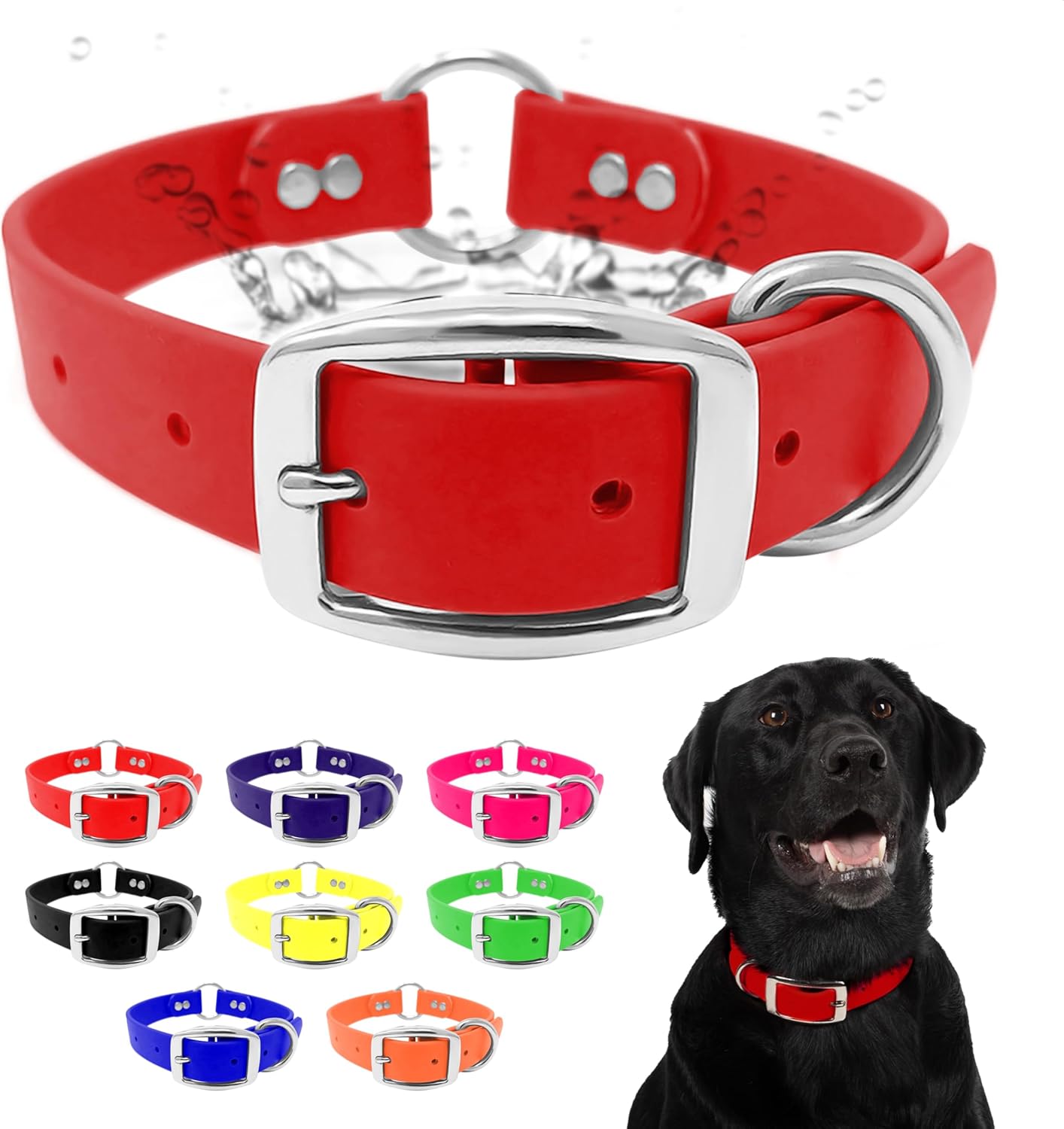 Waterproof Dog Collar with Heavy Duty Center Ring - Custom Fit Vinyl-Coated Webbing Water Resistant with Double Buckle and D Ring