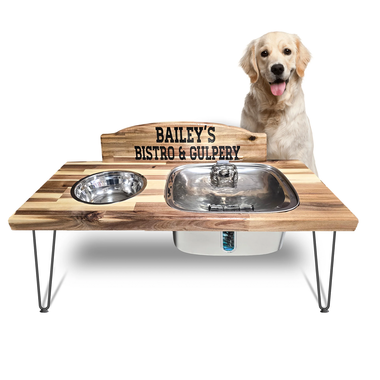 Luxury Custom Engraved Dog Feeding Station with 9L Stainless Steel Water Fountain, 33oz Bowl, 1.5” Butcher Block Top, 16” Hairpin Legs