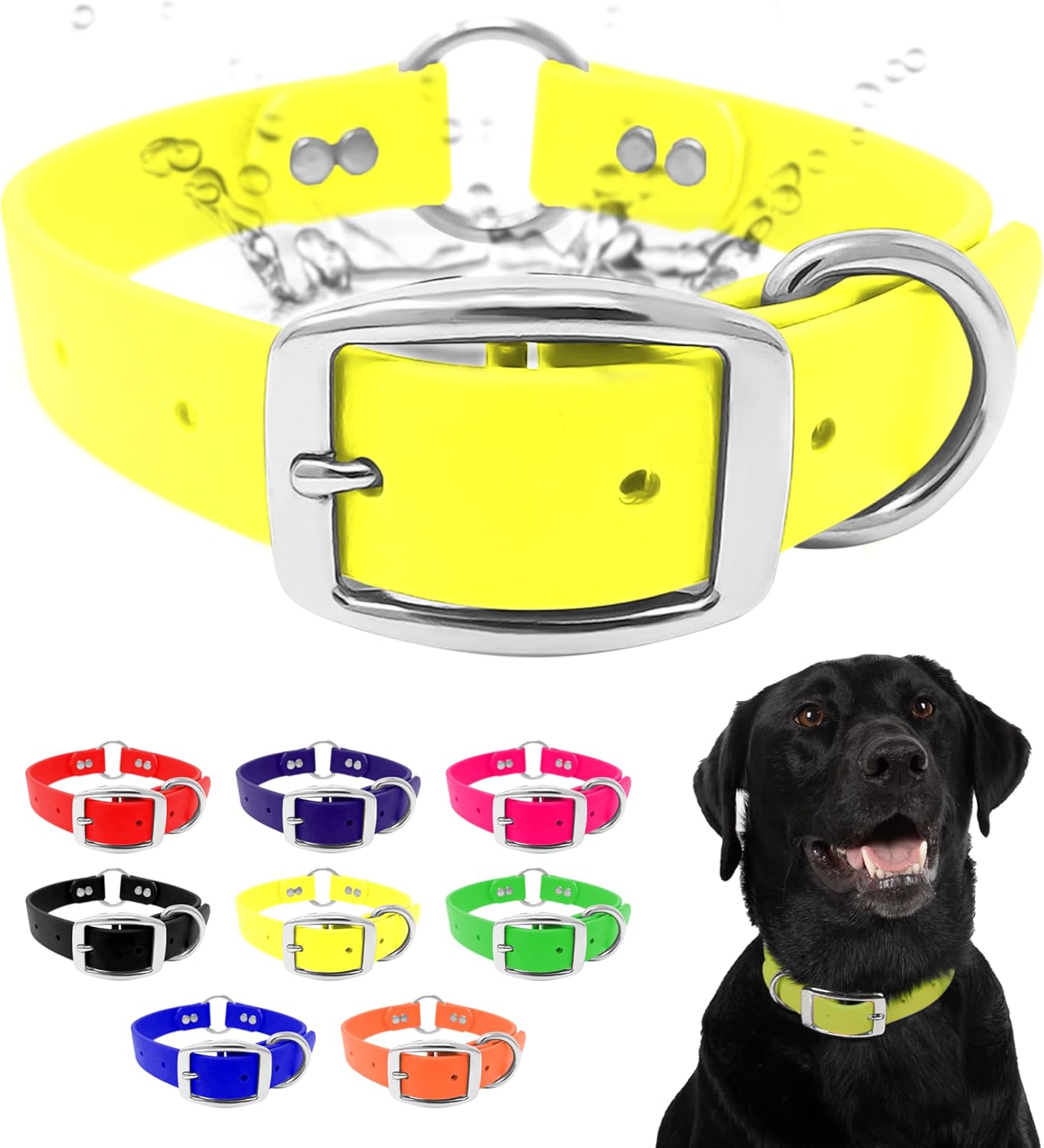 Waterproof Dog Collar with Heavy Duty Center Ring - Custom Fit Vinyl-Coated Webbing Water Resistant with Double Buckle and D Ring